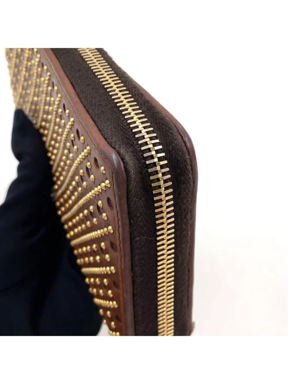 Gucci Woven Web Zip Around Leather Brown Wallet Gold - Picture 12 of 15